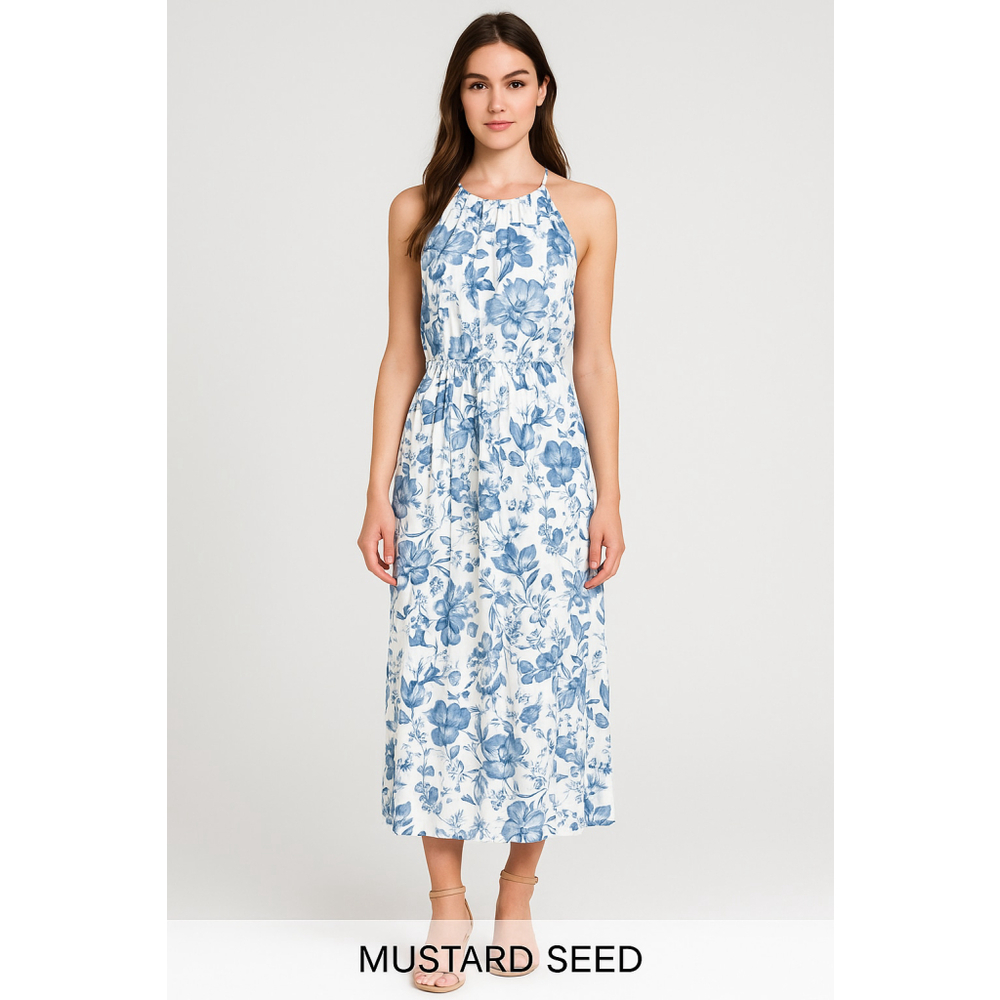 Mustard Seed Blue Floral Halter Maxi Dress Size‎ L Lightweight Vacation Resort